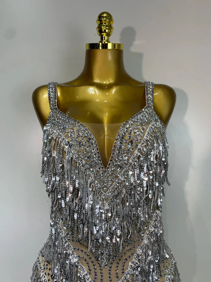 Anne sparkly rhinestones sequins tassel see through bodysuit