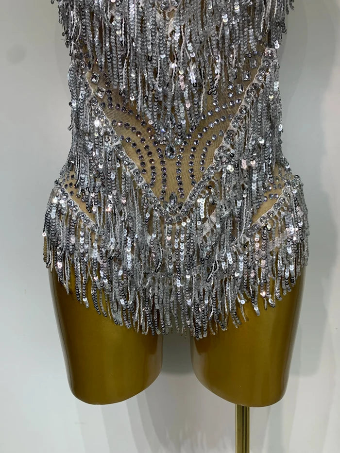 Anne sparkly rhinestones sequins tassel see through bodysuit