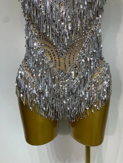 Anne sparkly rhinestones sequins tassel see through bodysuit