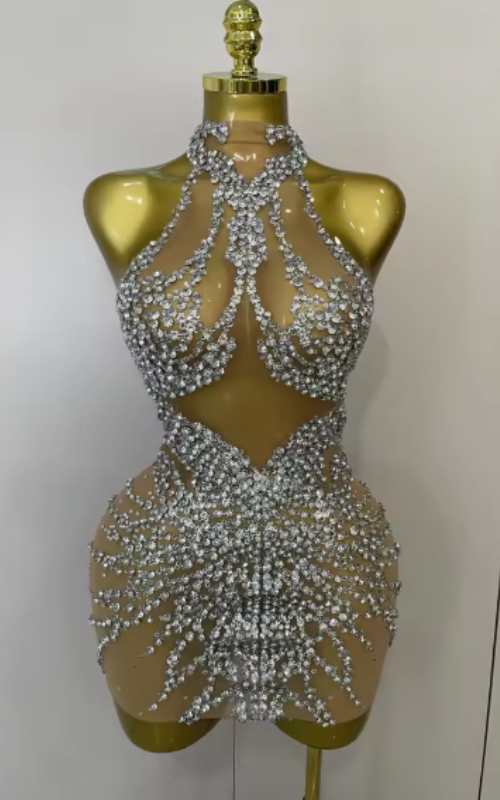Aurelia – Sparkly Rhinestone Mesh See-Through Dress