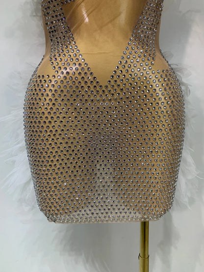 Azi off shoulder mesh mini dress with sheer bodycon fit. Sexy elegant outfit for birthdays, parties, nightclubs, and stage performances.