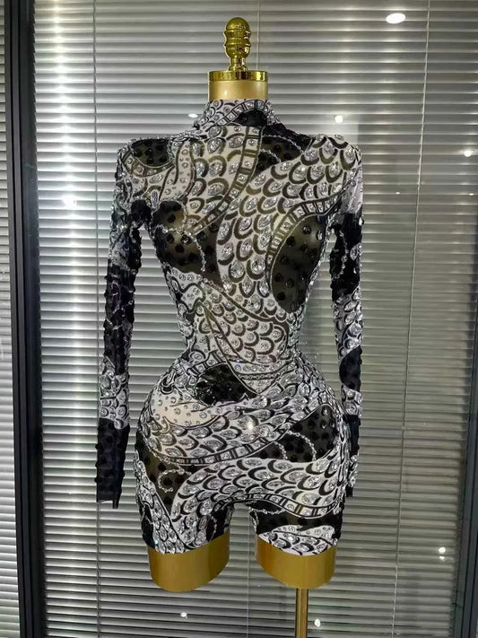 Baela Long Sleeve Sparkly Crystal Mesh Bodycon Playsuit