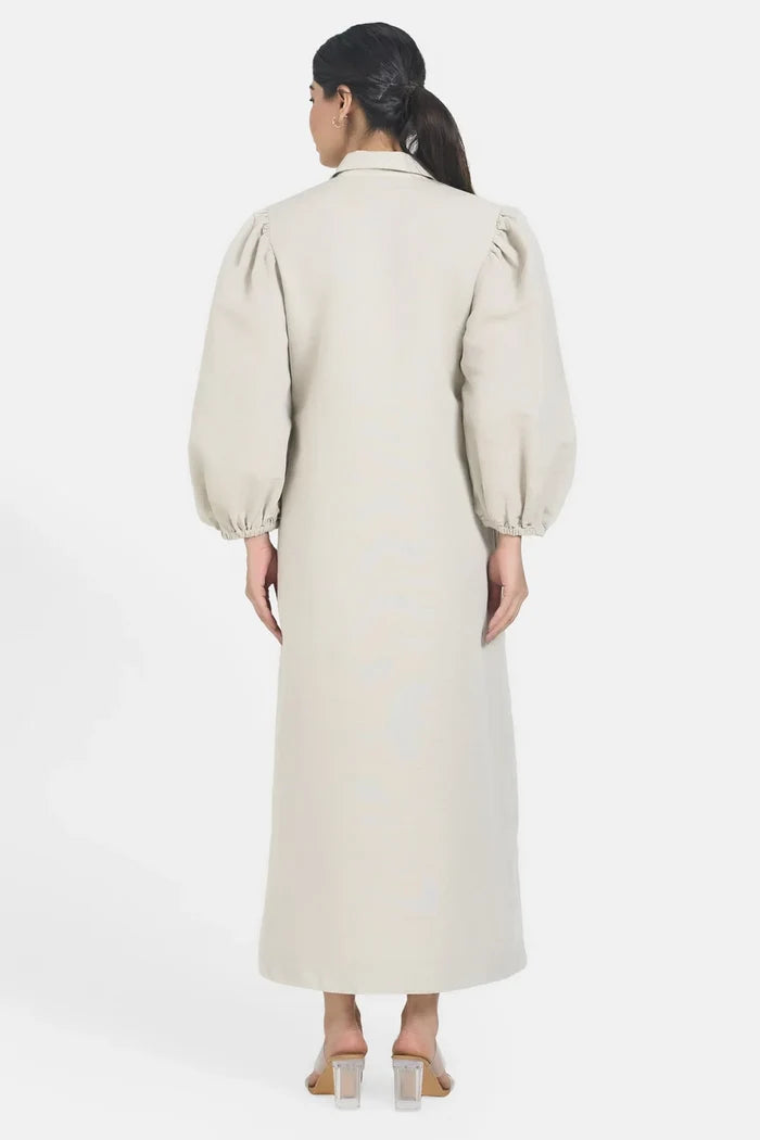 Beige Linen Long Embroidered Dress