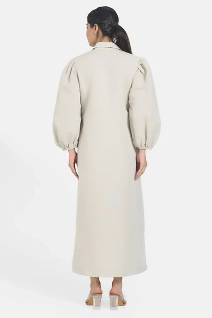 Beige Linen Long Embroidered Dress
