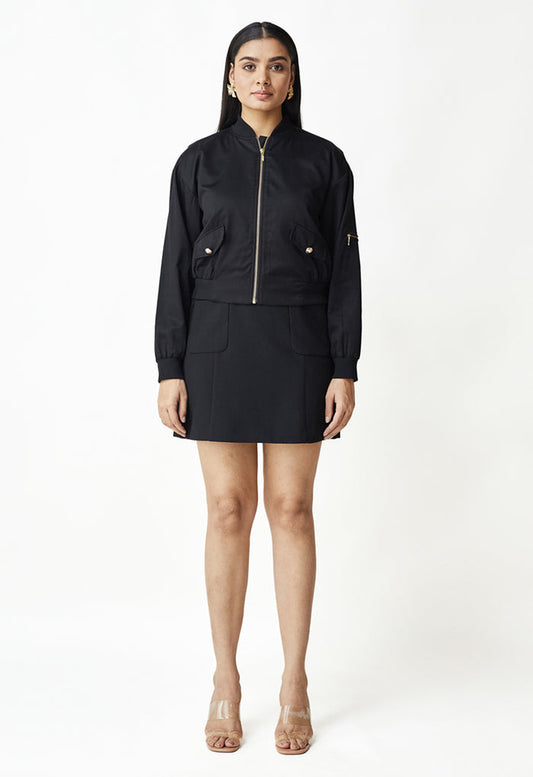 Black Chic Pattern Work Cotton Bomber Jacket