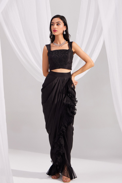 Black Embroidered Silk Bustier & Ruffle Draped Skirt Set