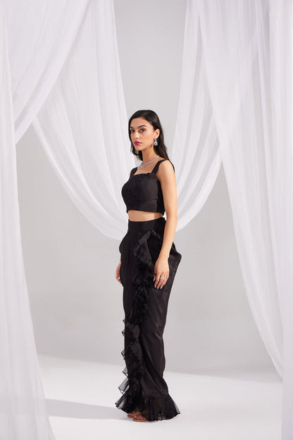 Black Embroidered Silk Bustier & Ruffle Draped Skirt Set