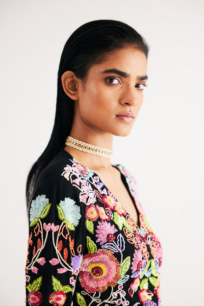 Black Hand Embroidered Floral Net Top