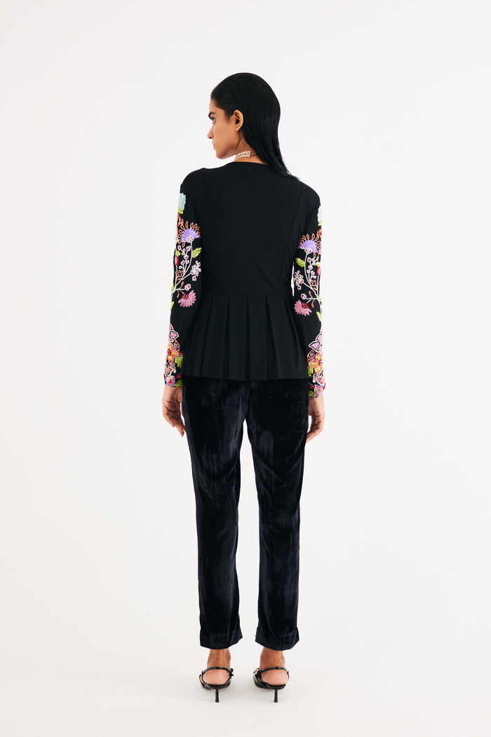 Black Hand Embroidered Floral Net Top