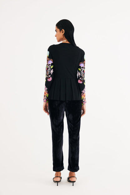 Black Hand Embroidered Floral Net Top