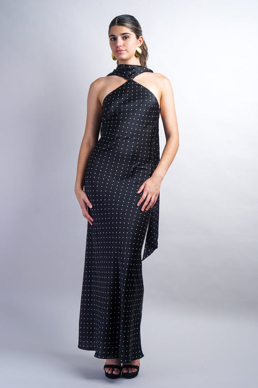 Black Magdalena Dress - Polka Dot Bias Maxi Dress With Scarf