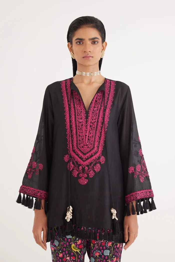 Black Silk Chanderi Embroidered Kurta and Black Mashroo Parrot Print Pant Set