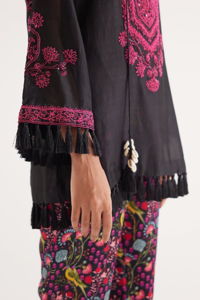 Black Silk Chanderi Embroidered Kurta and Black Mashroo Parrot Print Pant Set