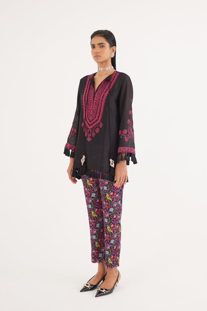Black Silk Chanderi Embroidered Kurta and Black Mashroo Parrot Print Pant Set