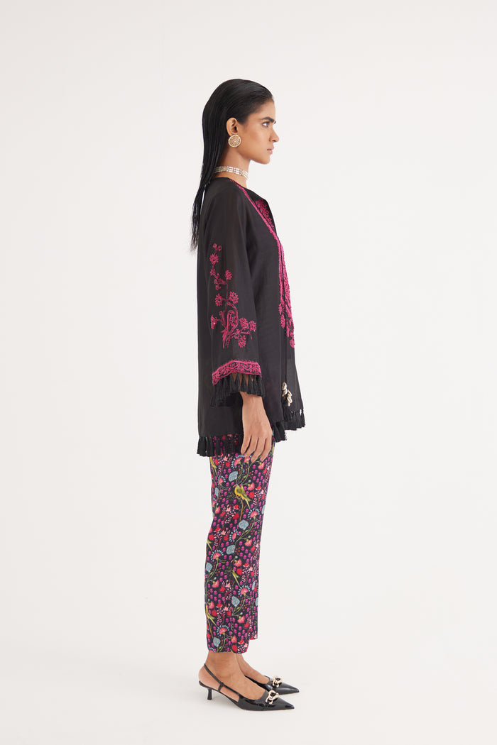 Black Silk Chanderi Embroidered Kurta and Black Mashroo Parrot Print Pant Set