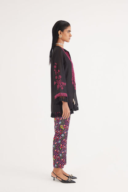 Black Silk Chanderi Embroidered Kurta and Black Mashroo Parrot Print Pant Set