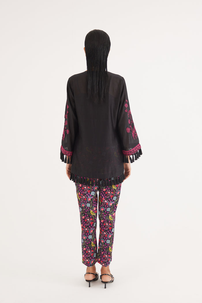 Black Silk Chanderi Embroidered Kurta and Black Mashroo Parrot Print Pant Set