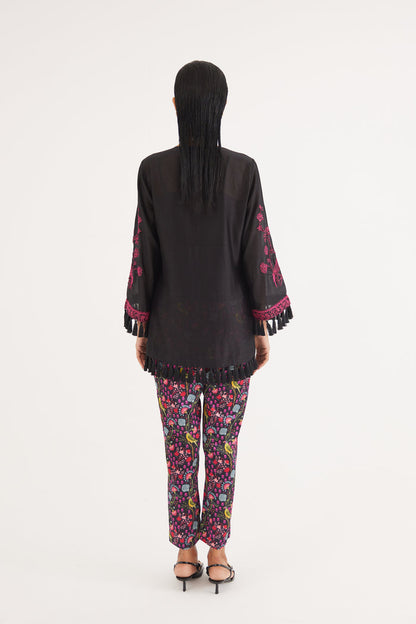 Black Silk Chanderi Embroidered Kurta and Black Mashroo Parrot Print Pant Set