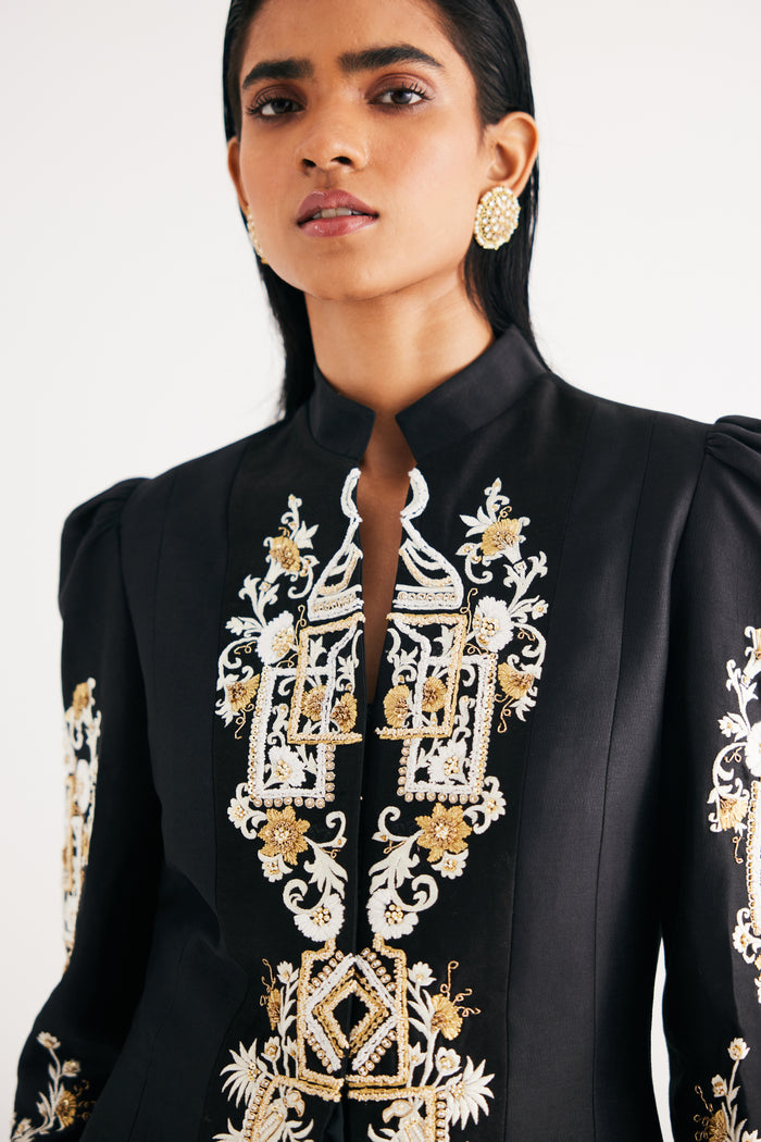 Black Silk Chanderi Embroidered Temple Jacket and Flared Pant Set