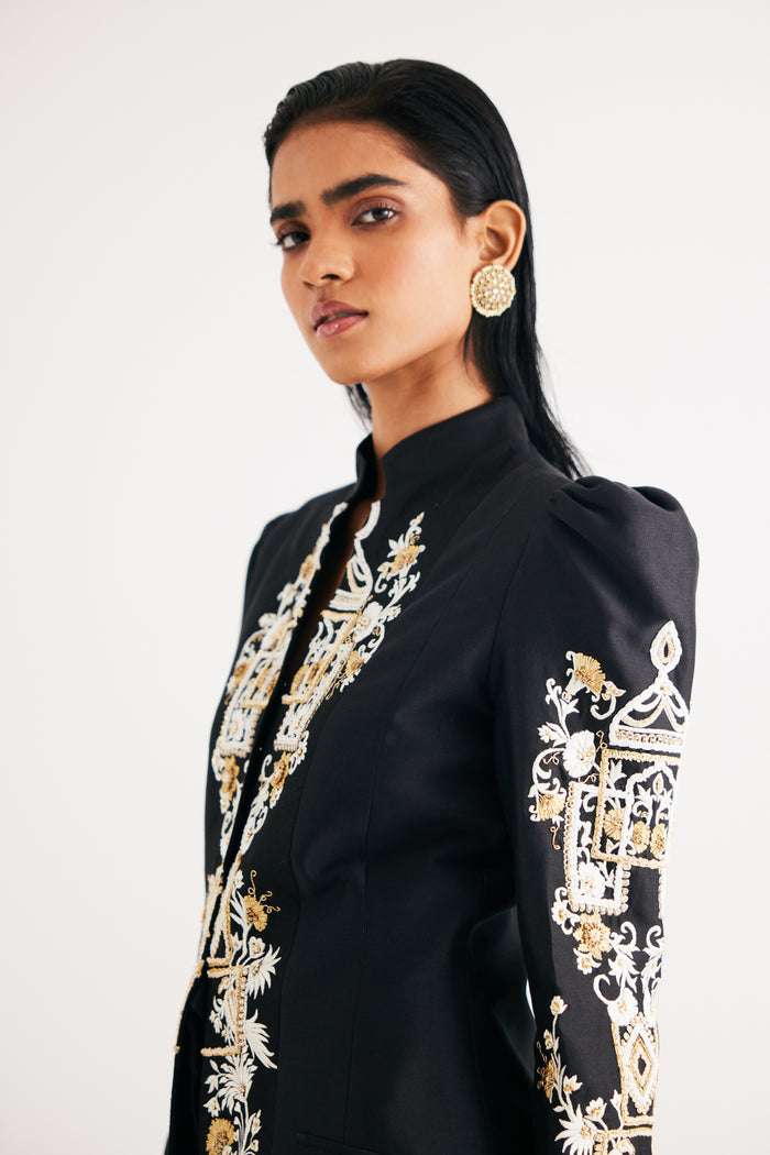 Black Silk Chanderi Embroidered Temple Jacket and Flared Pant Set