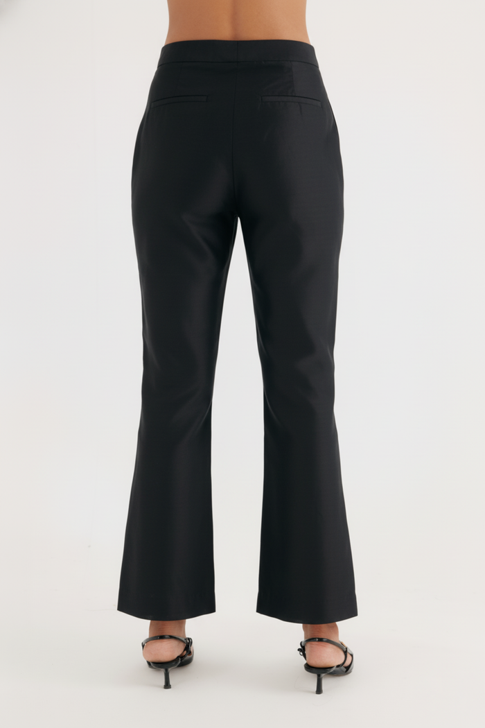 Black Silk Chanderi Embroidered Temple Jacket and Flared Pant Set