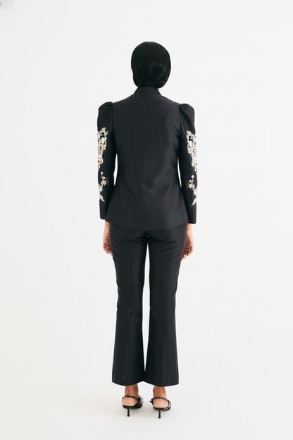 Black Silk Chanderi Embroidered Temple Jacket and Flared Pant Set