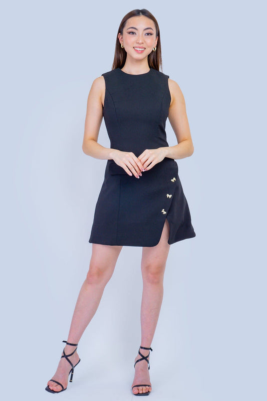 DCD DRESSES Black with Gold Bow Buttons Fit and Flare Dress