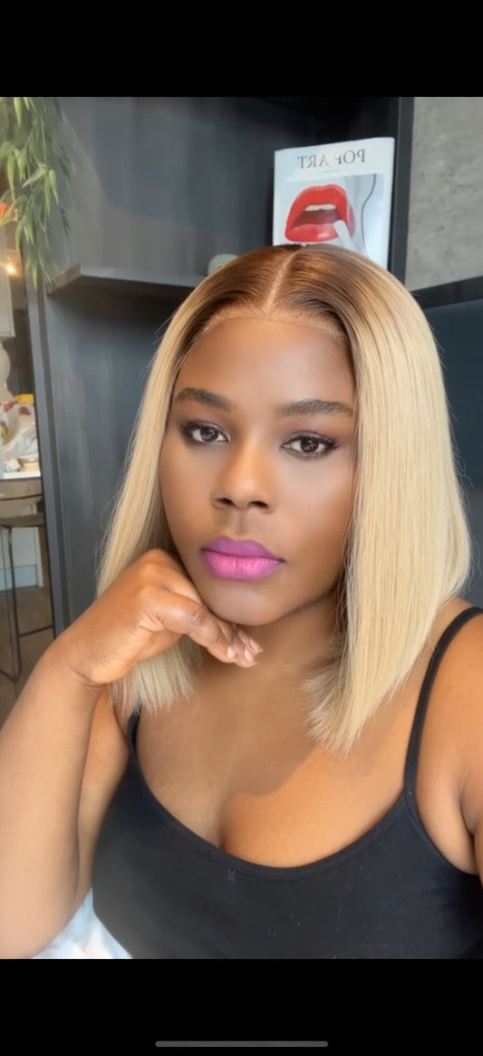 Straight blonde bob wig with middle part
