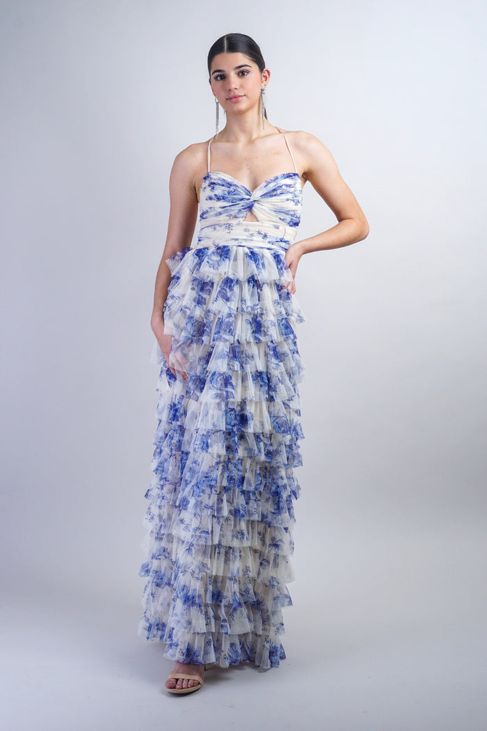 Private Label DRESSES Blue Floral Print Tulle Gown