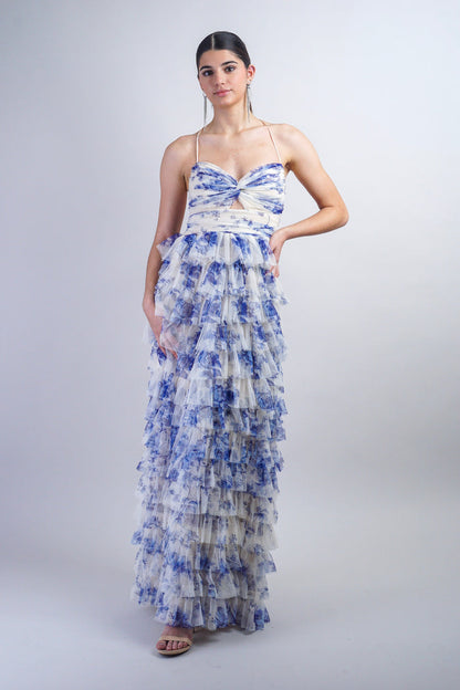 Private Label DRESSES Blue Floral Print Tulle Gown