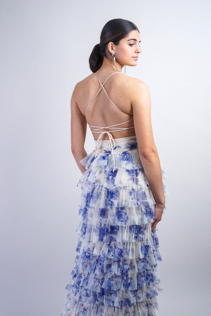 Private Label DRESSES Blue Floral Print Tulle Gown