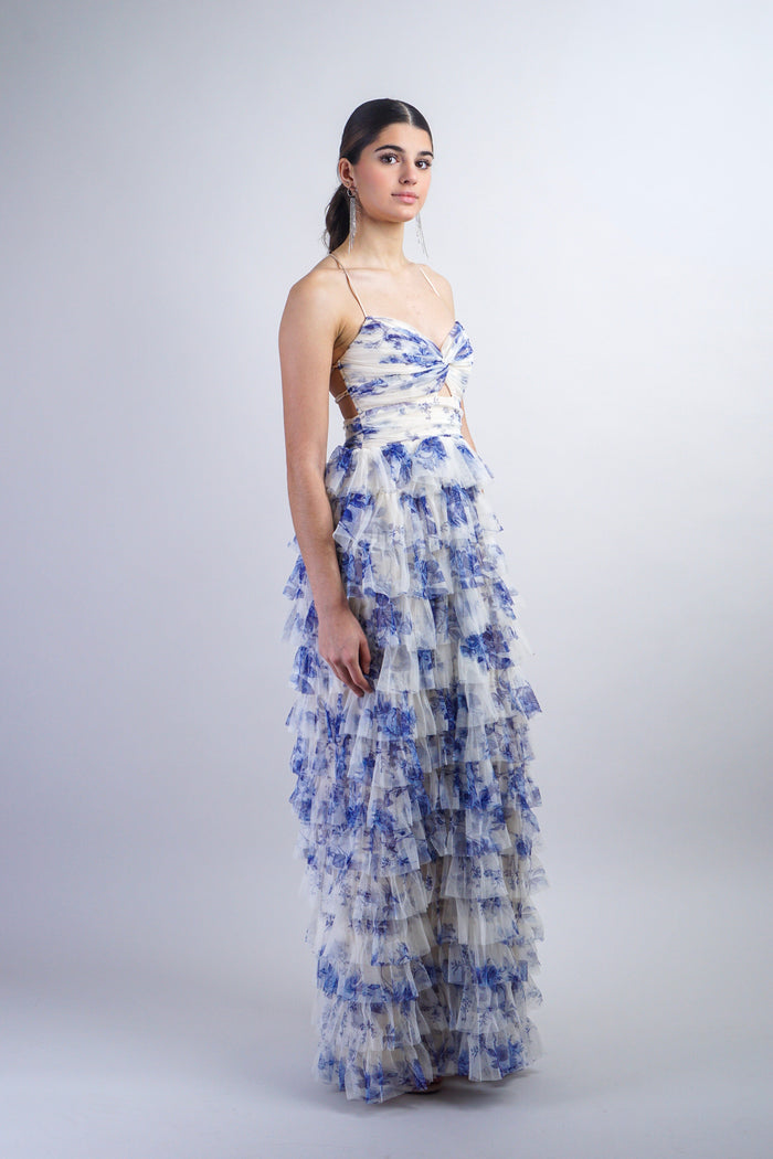 Private Label DRESSES Blue Floral Print Tulle Gown