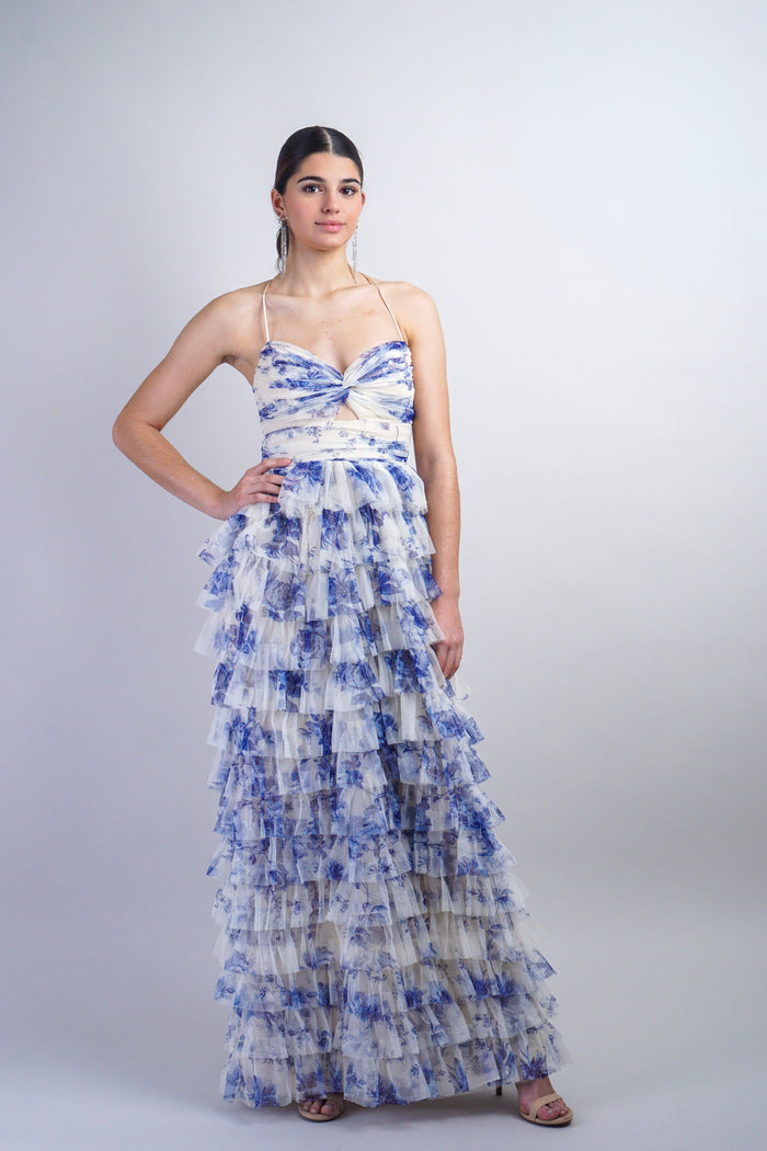 Private Label DRESSES Blue Floral Print Tulle Gown