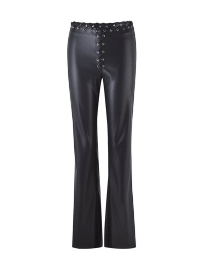 Introducing the BOSCO PANT - BLACK: BLACK PU from TIGERMIST. These black faux leather pants feature a lace-up front detail, slightly flared legs, and a high-waisted fit. The silver lace-up eyelets add a stylish and edgy touch, culminating in a sleek and modern look.