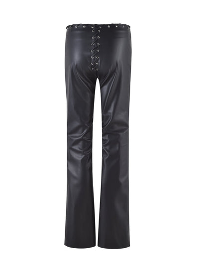 Check out the BOSCO PANT - BLACK : BLACK PU from TIGERMIST. These black leather pants feature a lace-up detailing at the waistline, offering an edgy and stylish look. With their shiny finish and wide legs, these chic pants are perfect for making a statement. The image showcases the back view of these trendy TIGERMIST Bosco Pants.