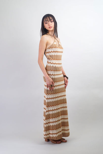 Private Label DRESSES Brown Knitted Zig Zag Striped Midi Dress