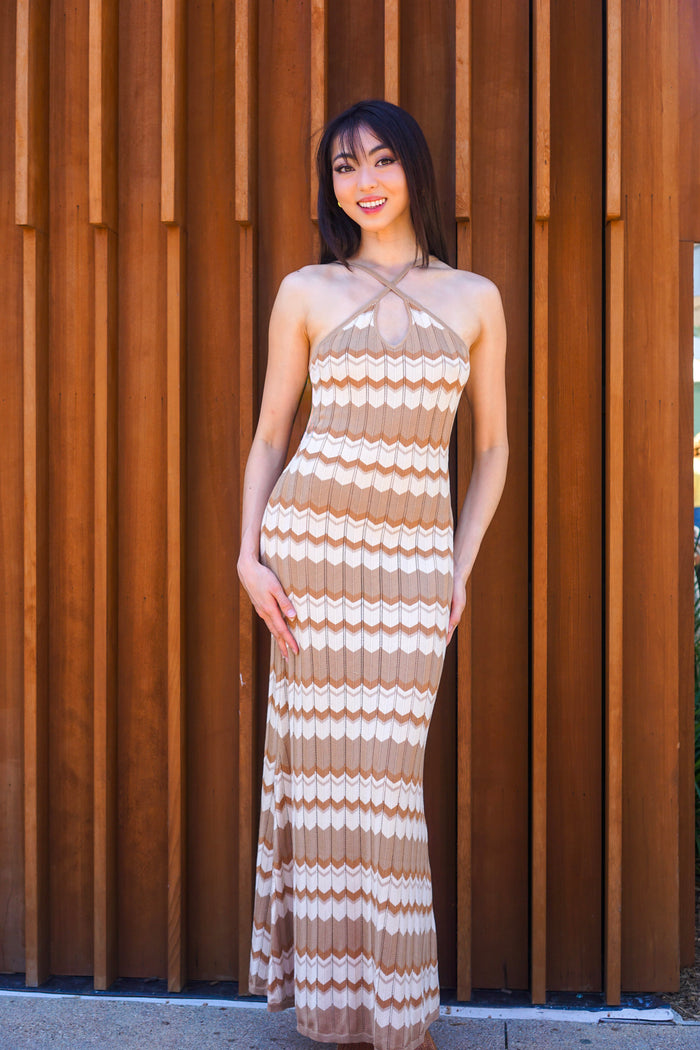Private Label DRESSES Brown Knitted Zig Zag Striped Midi Dress