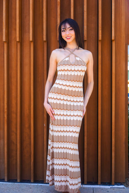 Private Label DRESSES Brown Knitted Zig Zag Striped Midi Dress