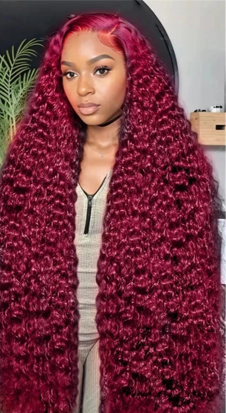 Burgundy water wave human hair wig – 13x6 HD lace front 200% density wig in 28, 30, 38 inch lengths, full natural human hair