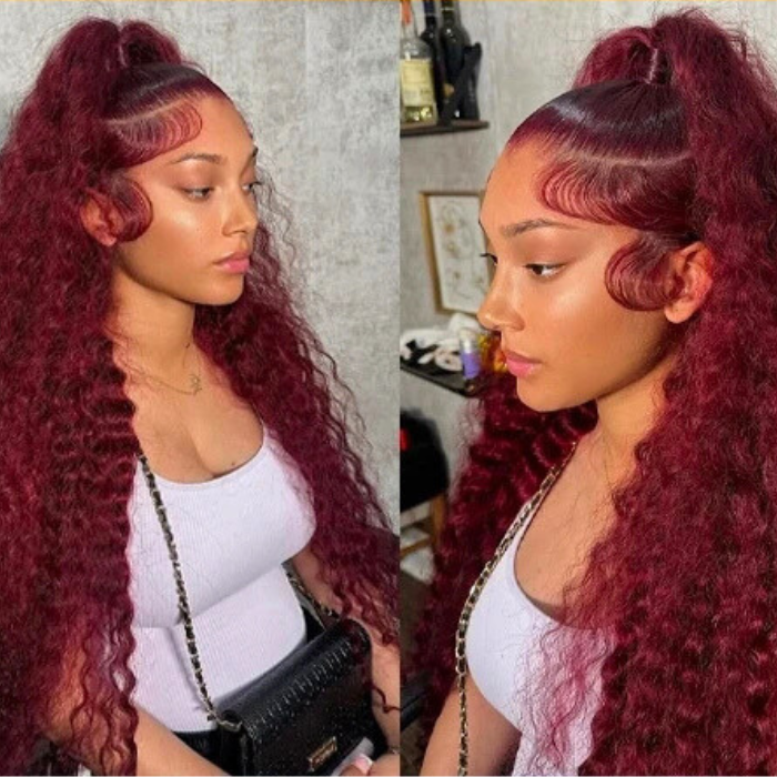 Burgundy water wave human hair wig – 13x6 HD lace front 200% density wig in 28, 30, 38 inch lengths, full natural human hair