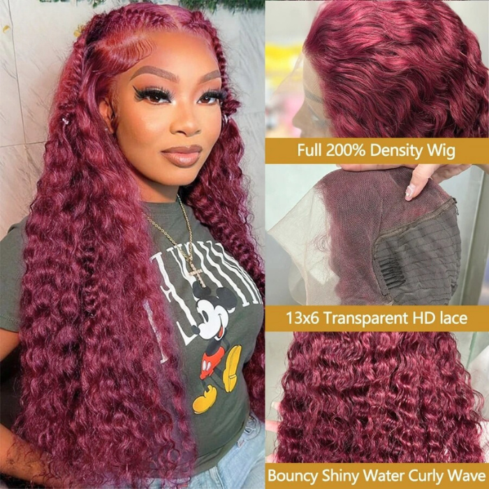 Burgundy water wave human hair wig – 13x6 HD lace front 200% density wig in 28, 30, 38 inch lengths, full natural human hair