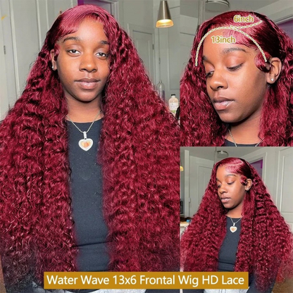 Burgundy water wave human hair wig – 13x6 HD lace front 200% density wig in 28, 30, 38 inch lengths, full natural human hair