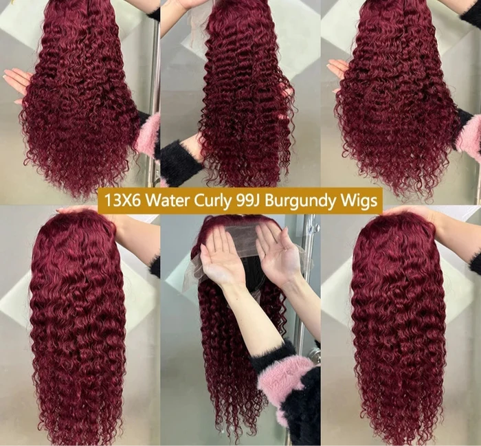 Burgundy water wave human hair wig – 13x6 HD lace front 200% density wig in 28, 30, 38 inch lengths, full natural human hair