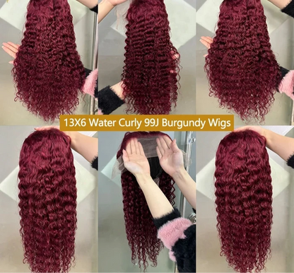 Burgundy water wave human hair wig – 13x6 HD lace front 200% density wig in 28, 30, 38 inch lengths, full natural human hair