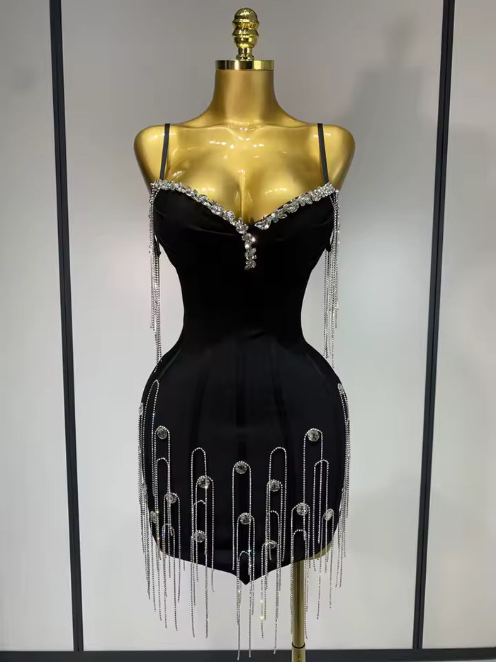 Camille Spaghetti Strap Bodycon Black Bandage Dress