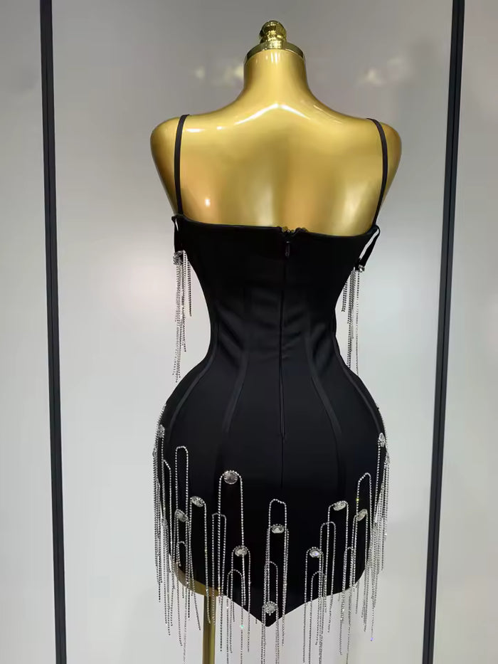 Camille Spaghetti Strap Bodycon Black Bandage Dress