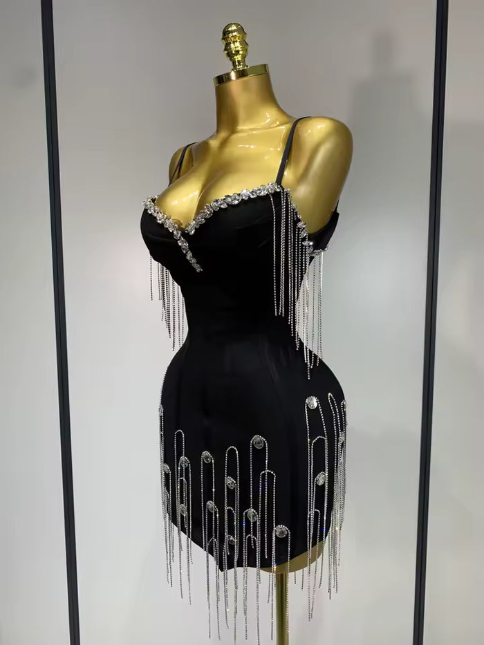 Camille Spaghetti Strap Bodycon Black Bandage Dress