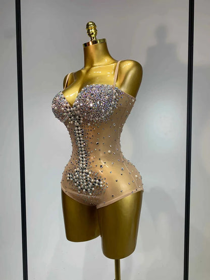 Candice Rhinestone Pearl Mesh Bodycon Bodysuit