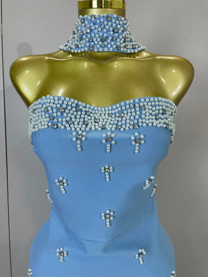Carole strapless diamond bandage maxi dress with bead scarf. Elegant bodycon fit for prom, parties, birthdays, and luxury evening club wear.