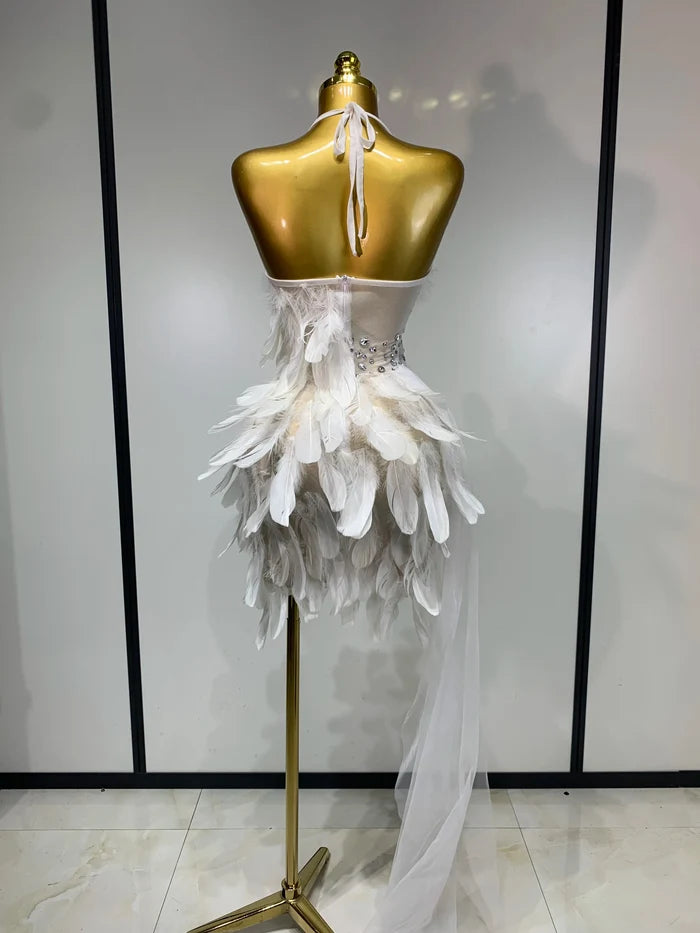 Make a grand entrance in the Cheska halter backless feather evening dress. Elegant bodycon gown for weddings, parties, birthdays, and galas.